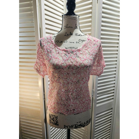 WET SEAL White Pink Pattern Lace Knit Short Sleeve Bohemian Chic Top Womens XL - Picture 2 of 5